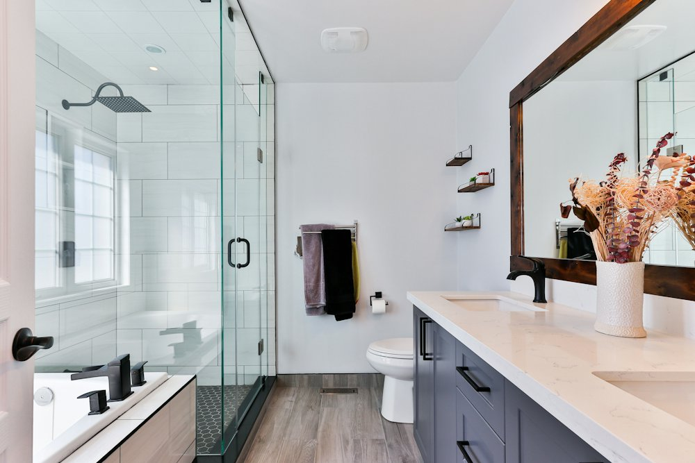 Remodeled bathroom with glass shower