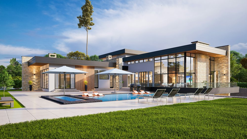 Modern custom home exterior with pool
